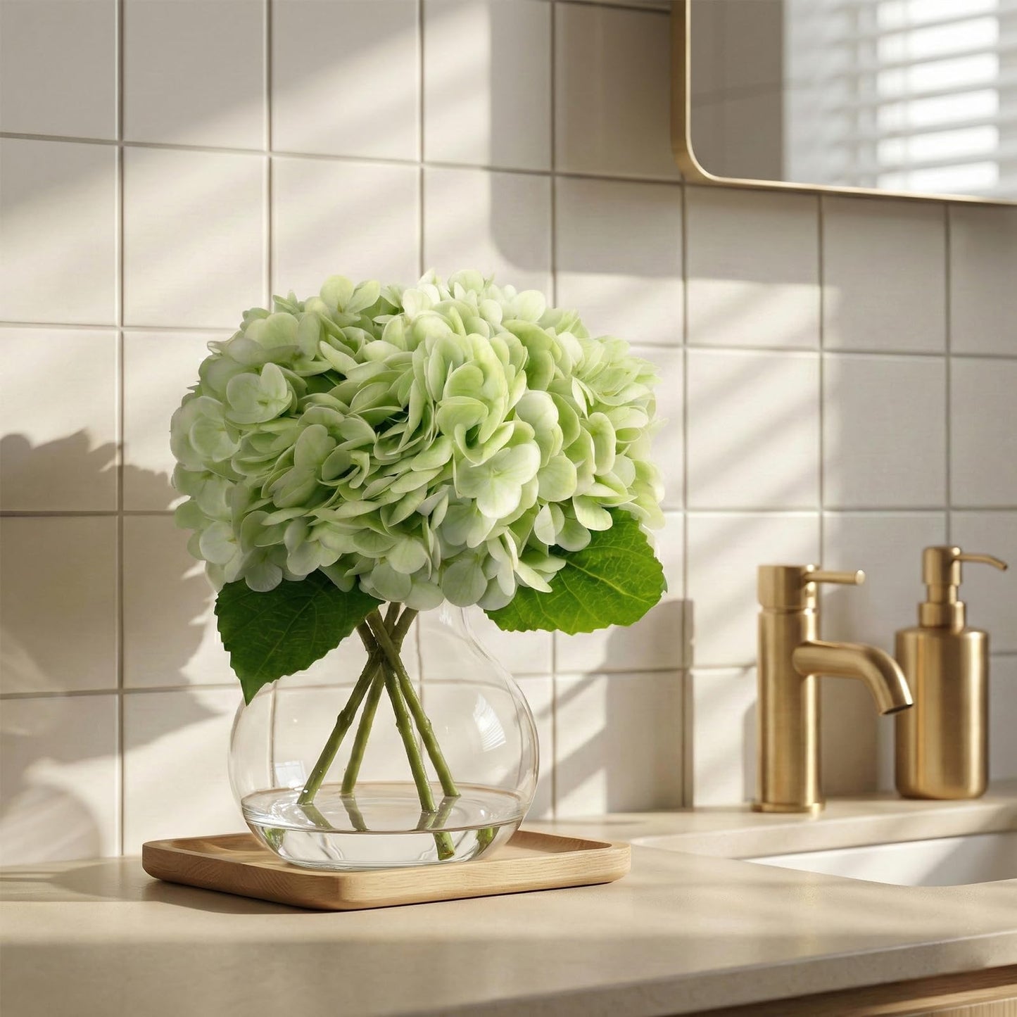 AMORISE Real Touch Artificial Hydrangea in Vase,Premium Faux Flowers with Faux Water for Home Decoration,Coffee Table,Wedding,Green Fake Hydrangea with Vase for DIY Floral Arrangements