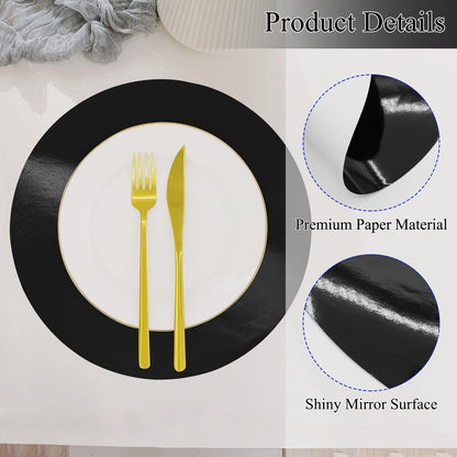 30 PCS Black Paper Placemats Round Disposable Halloween Placemat Shiny Mirrored Paper Charger Placemats for Halloween 50th Birthday Wedding Bachelorette Graduation Holiday Party Dinner Table Decor