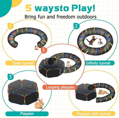 Portable Cat Enclosure - 2-in-1 Outdoor Catio with Tent & Tunnel, Foldable Playpen for Indoor Cats, Includes Storage Bag for Cats & Small Animals Rainbow Color