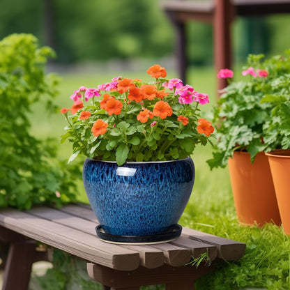 Thirtypot 10 Inch Plant Pot - Ceramic Planter with Drainage Hole and Plant Saucer, Round Planter Indoor Outdoor, Modern Planters, Large Flower Pot, Home Room Office Decor, Housewarming Gifts, Blue