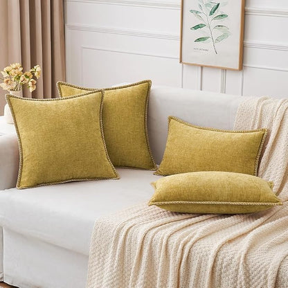 MIULEE Pack of 2 Lumbar Throw Pillow Covers 12x20 Inch Mustard Yellow Farmhouse Decorative Pillow Covers with Stitched Edge Soft Chenille Solid Dyed Pillow Covers for Couch Sofa Bed Living Room