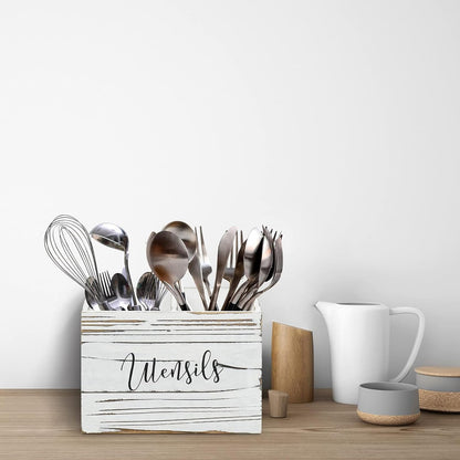 Pyzalar Utensil Holder with 2 Compartments, Utensil Caddy for Kitchen Counter, and Storage for Silverware Fork Spoon Spatula (White)