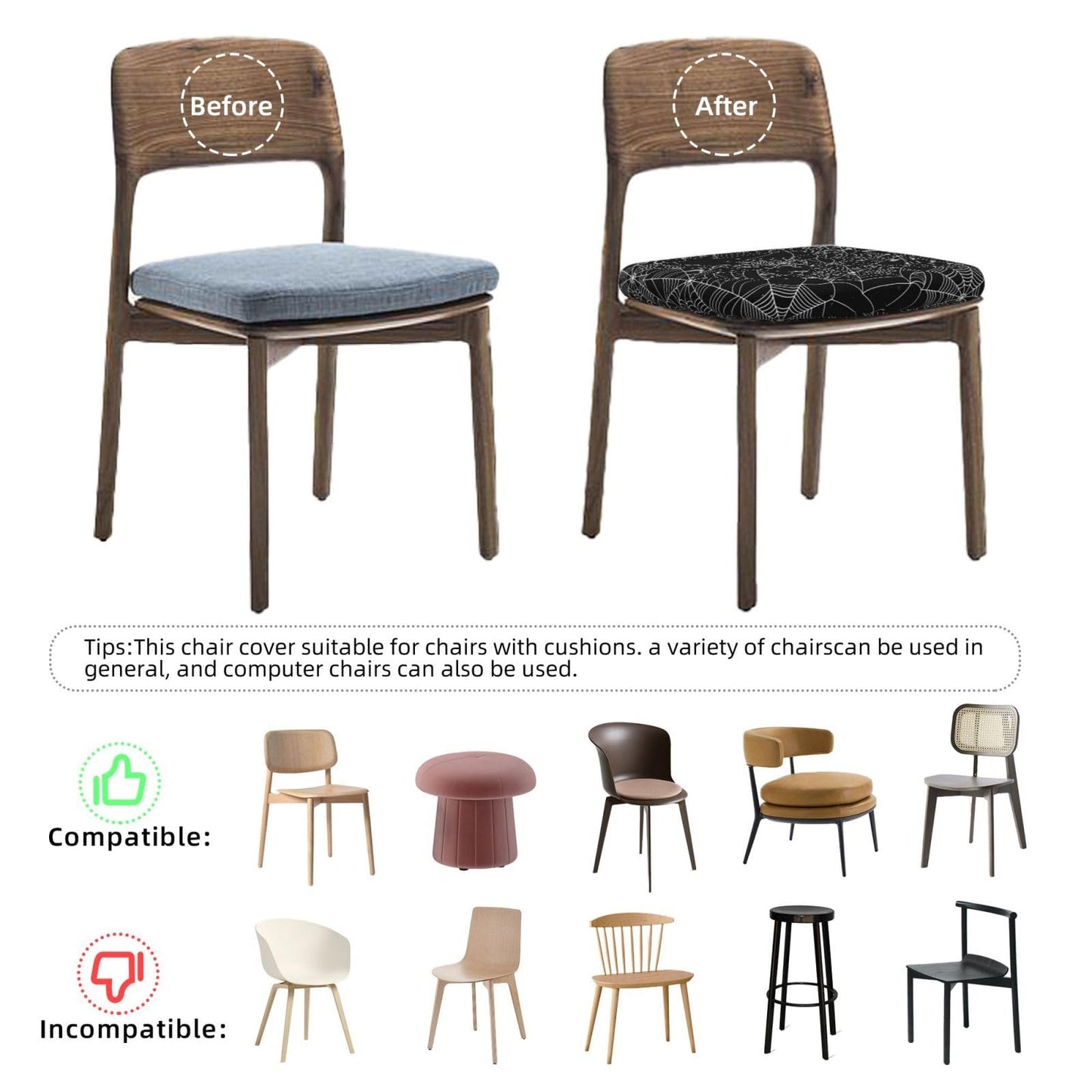 Mouxue Seat Covers for Dining Room Chairs Set of Set of 4, Halloween Spider Web Stretch Chair Seat Covers Cushion Slipcovers for Kitchen Office