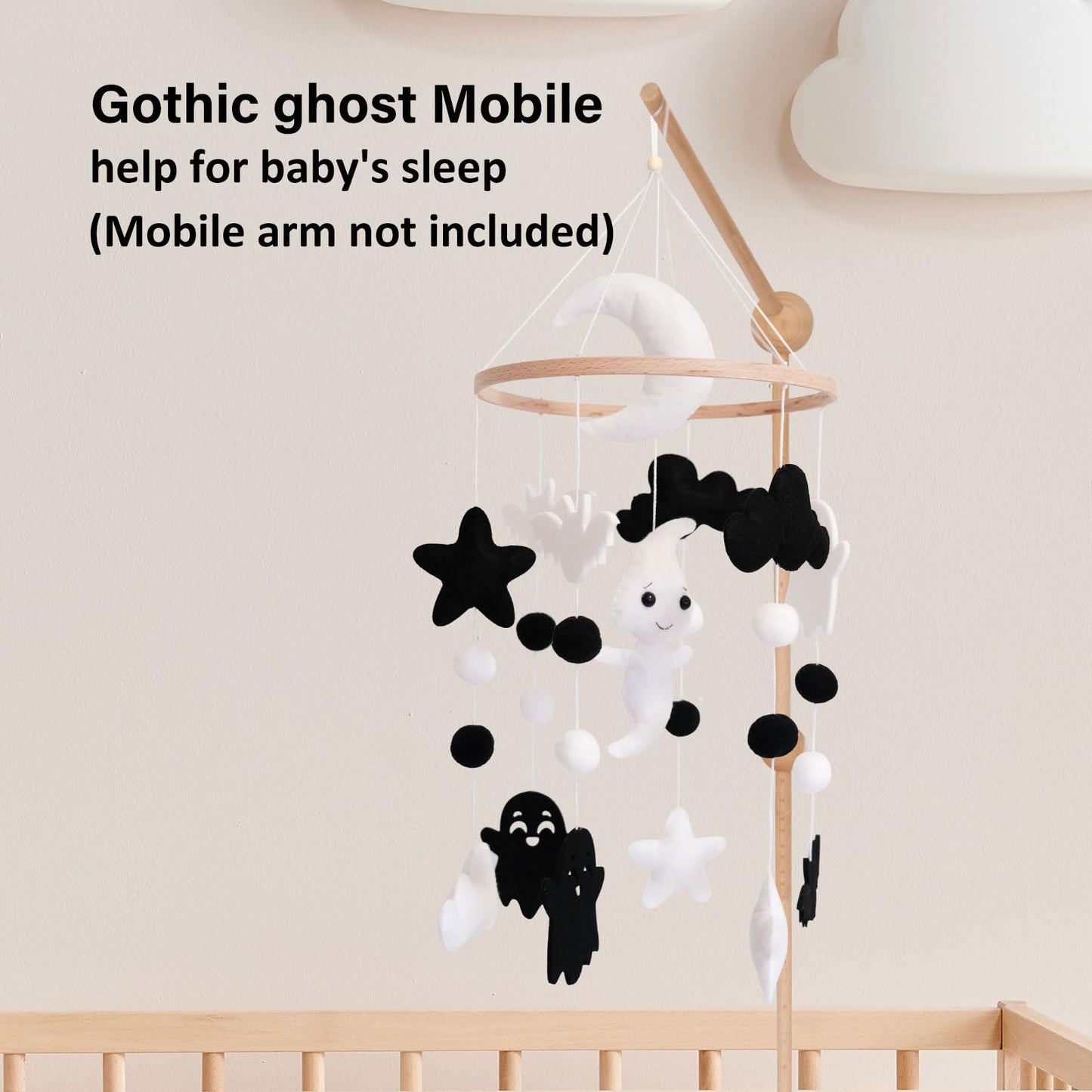 Ghost Baby Mobile, Halloween Mobile for Crib, Goth Crib Mobile for Boys and Girls, Gothic Nursery Mobile for Bassinet, Pack and Play, Ghost, Bat, Moon