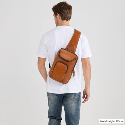 LANNSYNE Vegetable Tanned Leather Sling Bag For Men Fits 10.5" iPad, Crossbody Chest Daypack