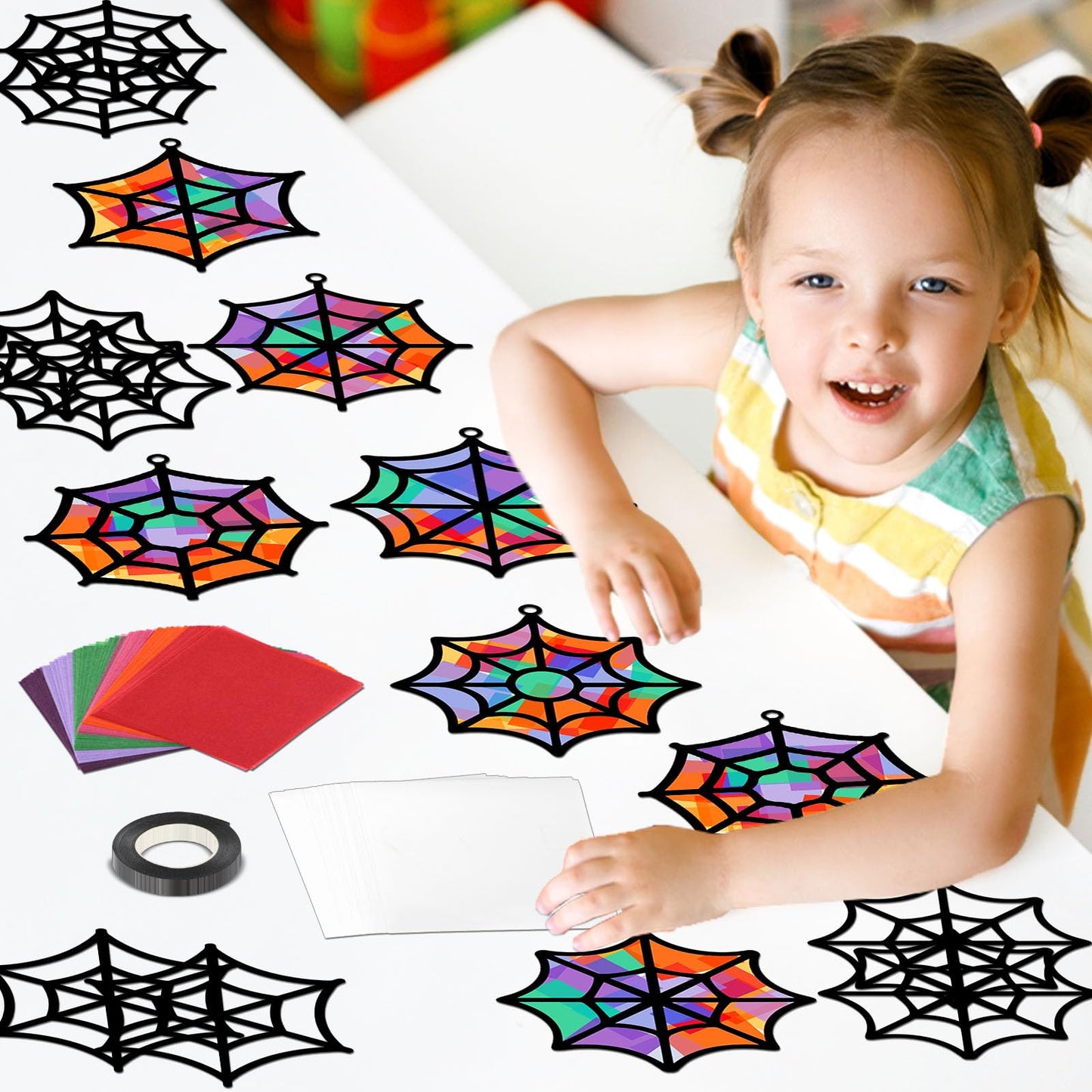 Qyeahkj 36 Set Halloween Spider Web Suncatchers Crafts DIY Hanging Spider Web Tissue Paper Crafts Kit Window Art Ornaments Decor for Halloween Activity Art Project Party Favor Gift