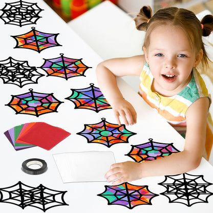 Qyeahkj 36 Set Halloween Spider Web Suncatchers Crafts DIY Hanging Spider Web Tissue Paper Crafts Kit Window Art Ornaments Decor for Halloween Activity Art Project Party Favor Gift