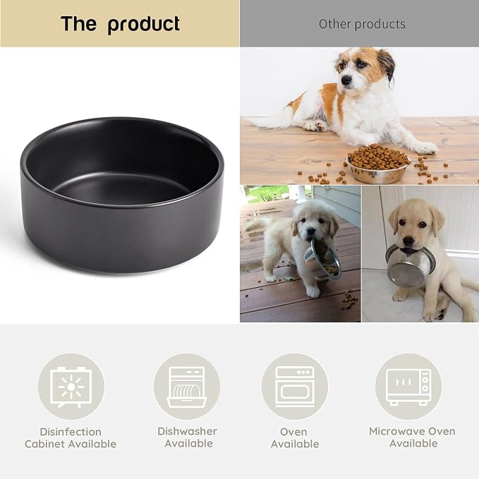 Mowtanco Black Ceramic Dog & Cat Bowl Set – 13.5 OZ with Wooden Stand, Non-Slip, Elevated Design for Small Dogs & Cats – 2 Bowls (Food & Water, Ceramic Pet Bowls, Modern Dog Bowls)
