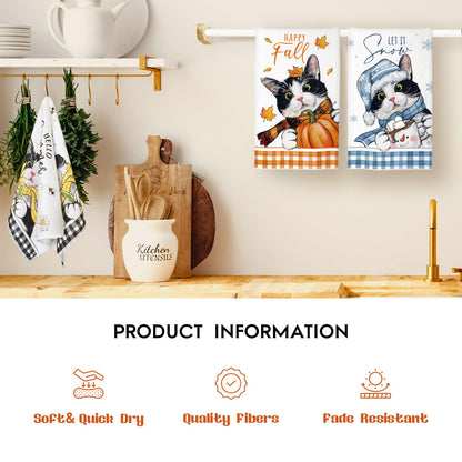 maiiooliwe 8 Pcs Cute Cat Kitchen Towels Seasonal Holiday Dish Towels for Kitchen, Spring Summer Fall Winter Absorbent Dishcloths Halloween Christmas Holiday Decoration Hand Towels