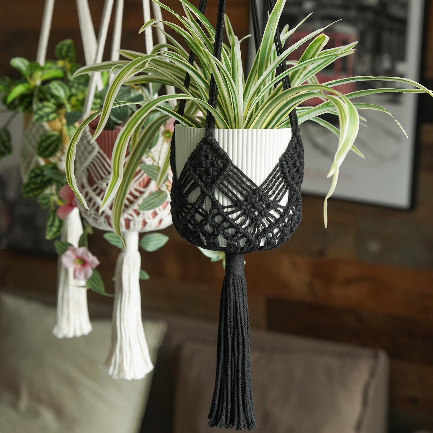 XINBOR 4 Pack Macrame Plant Hangers Indoor Up to 10 inch Pot, Boho Hanging Planters, Plant Holder with 8Pcs Stainless Steel Hooks(4Pcs Black Hanger)