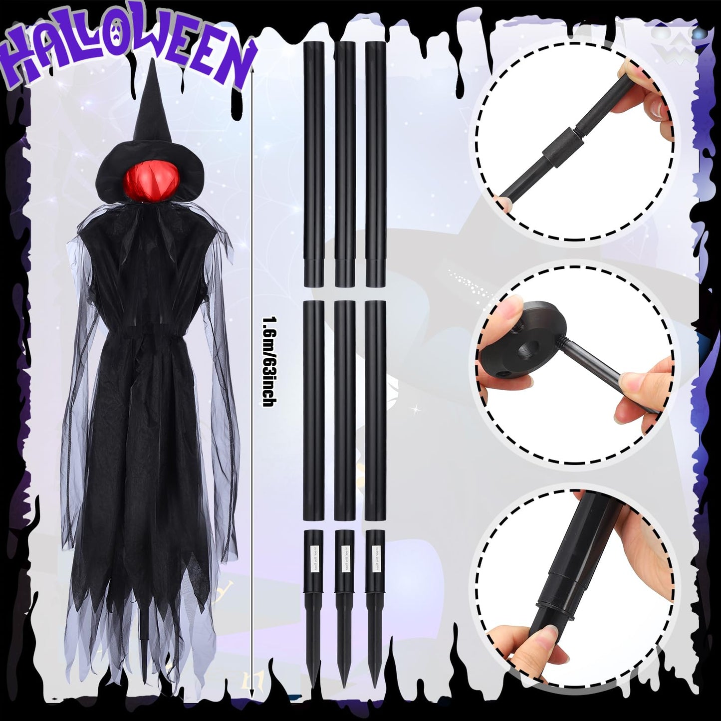 Knitgrip Set of 6 Halloween Outdoor Decorations 3 Light up Halloween Witch with Stake Witches Cauldron with Tripod Mist Maker with LED Light for Outdoor Garden Yard Lawn Porch Haunted Party Decor