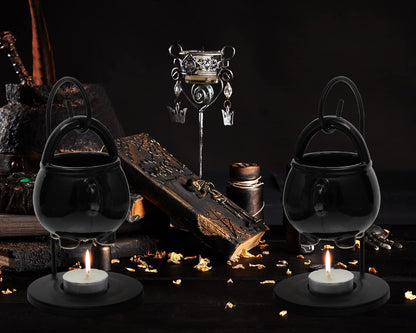 2 Pcs Hanging Pagan Cauldron Oil Burner, Cauldron Wax Warmer Diffuser with Handle 10 Pcs White Tea Lights Candles Witch Decor for Home Wax Melts Christmas Gothic