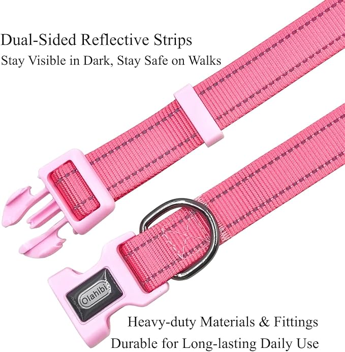 Dog Collar Leash Set, Durable Polyester with Safety Reflective Strips, 5 ft Matching Leash, Neoprene Padded Handle, Adjustable 4 Sizes for Small Medium Large Dogs.(S, Pink)