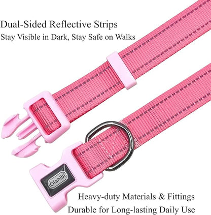 Dog Collar Leash Set, Durable Polyester with Safety Reflective Strips, 5 ft Matching Leash, Neoprene Padded Handle, Adjustable 4 Sizes for Small Medium Large Dogs.(M, Pink)