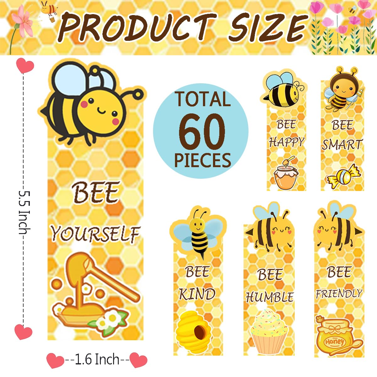 Cute Bee Bookmarks,1.6 * 5.5Inch Motivational Paper Bookmark Pack,60PCS Book Marks for Reading,Class Supplies for Students in Bulk,Fun Bookmarks
