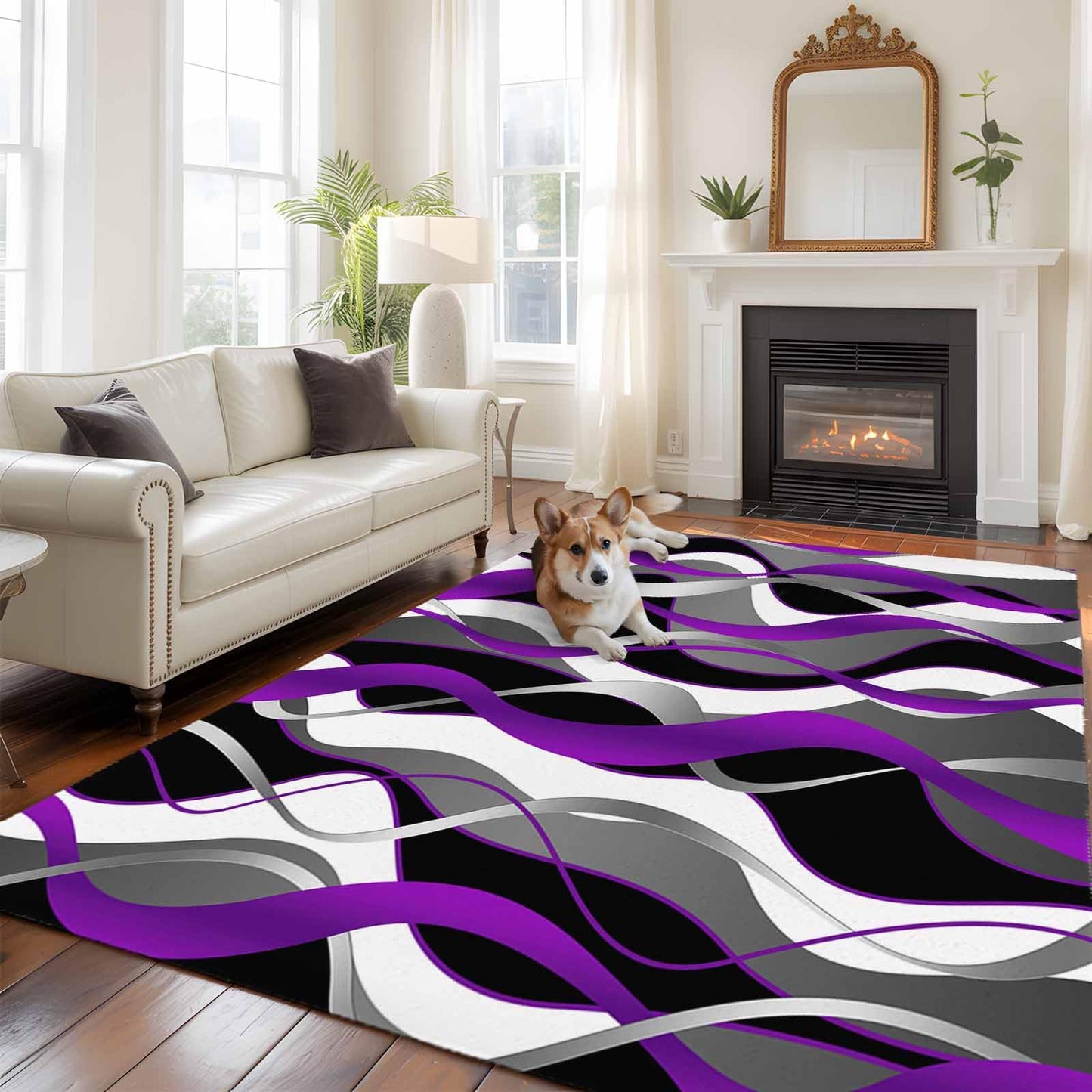 8'x10' Area Rug for Living Room, Purple Black Grey Moire Washable Non-Slip Large Carpet for Bedroom Dining Room, Abstract Modern Geometric Lines StainResistant & Non-Shedding Accent Rug for Kitchen