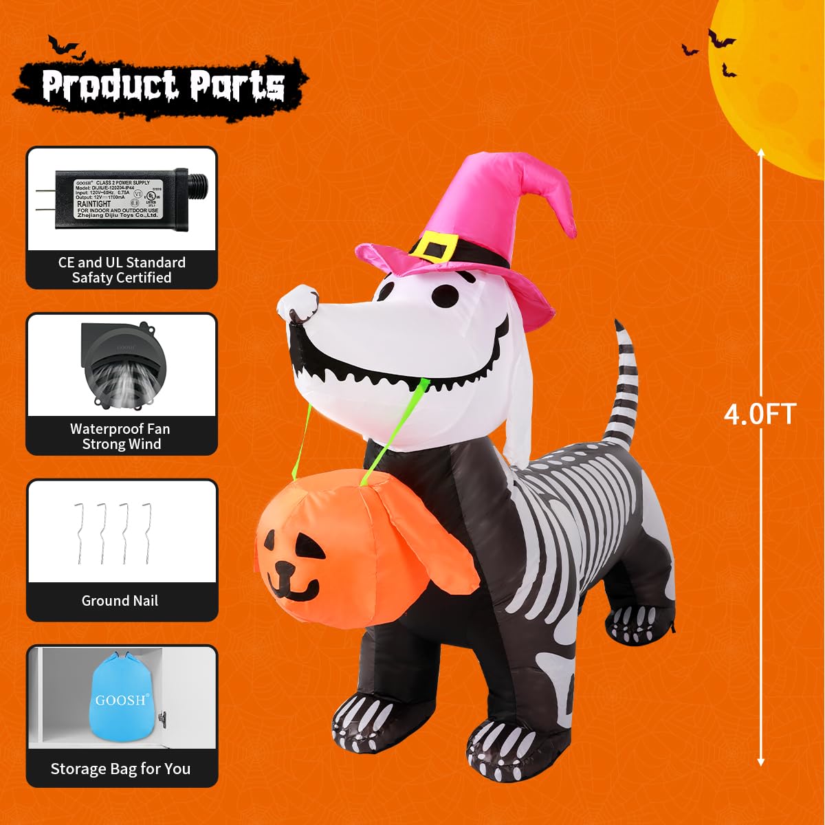 GOOSH 5.5 FT Halloween Inflatables Outdoor Decorations Skeleton Puppy Inflatable Yard Decoration with Build-in LEDs Blow Up Pumpkin for Halloween Party Indoor Outdoor Yard Garden