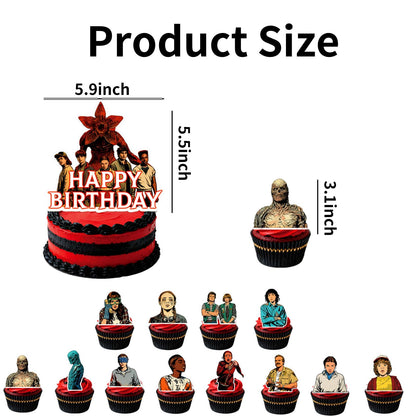 25 Pcs TV Series Character Happy Birthday Cake Toppers, Horror Theme Cake Topper, Includes 1 Happy Birthday Topper and 24 Dessert Decorations.