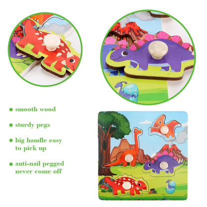 Wooden Peg Puzzles for Toddlers 1-3, Kids Educational Preschool Peg Puzzle Toy Ages 2-4, Set of 4 Dinosaur Toddler Puzzles, Ideal Gift for Ages 1 2 3 4 Boys and Girls