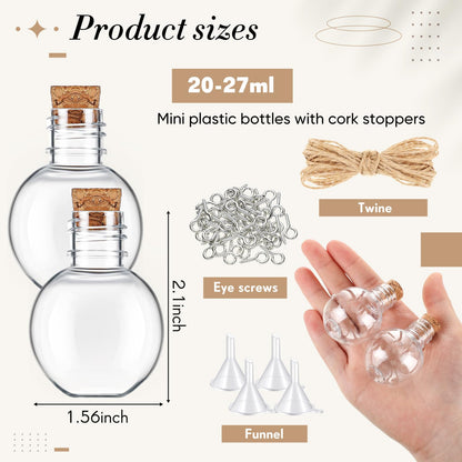 Bokon 50 Pack 1oz Plastic Mini Potion Bottles with Corks, Small Sand Art Jar Tiny Clear Liquor Bottles Bulk Wishing Vial for Birthday Halloween Valentines Party Favor DIY Craft