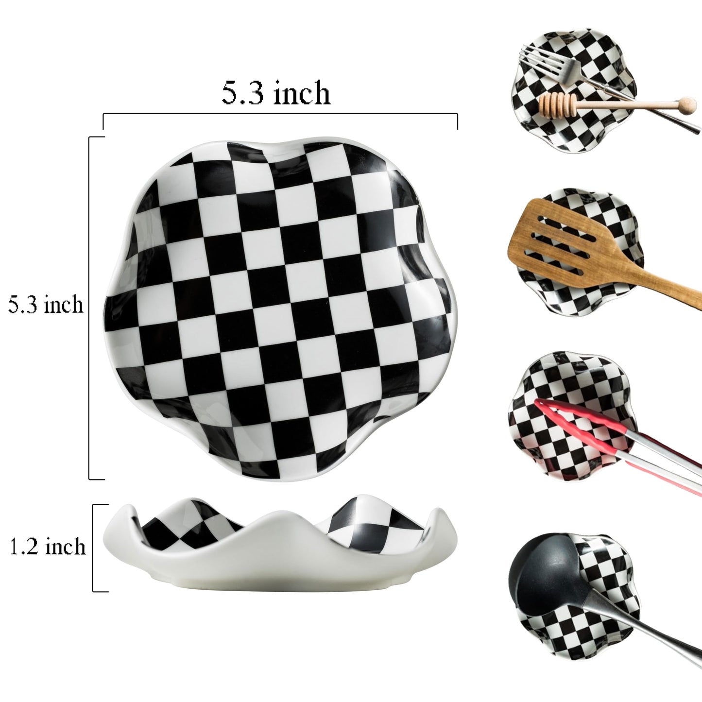 Miamolo Spoon Rest for Stove Top, 5.3in Checkered Spoon Holder Utensil Rest, Ceramic Spoon Rests for Coffee Bar, Kitchen Gadget Cooking Gift for Housewarming - Heat Resistant & Dishwasher Safe