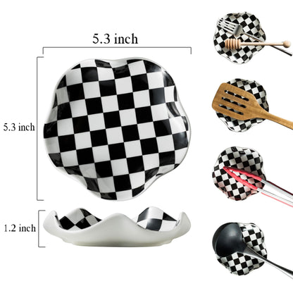 Miamolo Spoon Rest for Stove Top, 5.3in Checkered Spoon Holder Utensil Rest, Ceramic Spoon Rests for Coffee Bar, Kitchen Gadget Cooking Gift for Housewarming - Heat Resistant & Dishwasher Safe