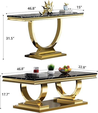 2 Piece Living Room Table Set Include 1 Faux Marble Coffee Table & 1 Console Table, Modern Black Gold Coffee Table Set of 2 with Double O Shape Stainless Steel Pedestal Base