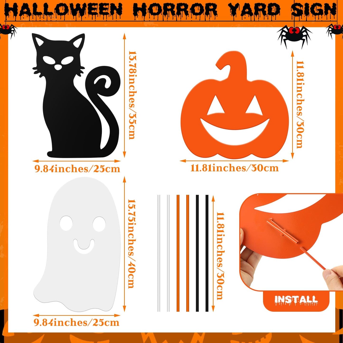 Lingvee 3 Pack Halloween Decorations Outdoor Metal Halloween Garden Stakes Metal Ghost Pumpkins Black Cat Yard Signs Decor for Outside Garden Lawn Porch Patio Party Decorations(Mixed Style)