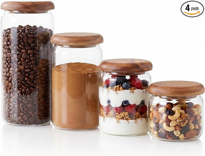 4-Pack Wide Mouth Mason Jars with Measuring Spoons, Acacia Wood Lids & Press Seal Design, No Plastic Parts, Dry Food Storage for Pantry, Spice & Kitchen Organization, 10/13/23/32 fl oz.