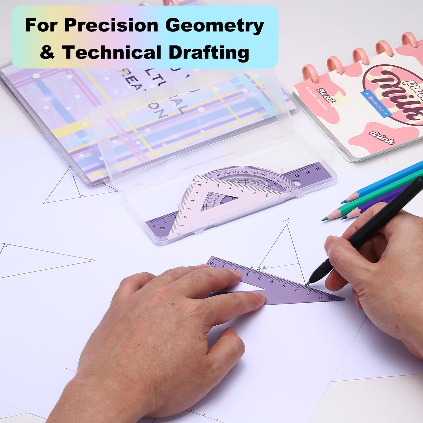 PATIKIL Geometry Set, 2 Pack 8 Inch Aluminum Ruler & 4 Triangles, Metal Protractor Ruler Math Drafting Measuring Tool for Home Office Math Drawing Engineering Art,Gradient Purple