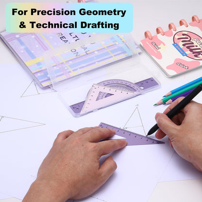 PATIKIL Geometry Set, 2 Pack 8 Inch Aluminum Ruler & 4 Triangles, Metal Protractor Ruler Math Drafting Measuring Tool for Home Office Math Drawing Engineering Art,Gradient Purple