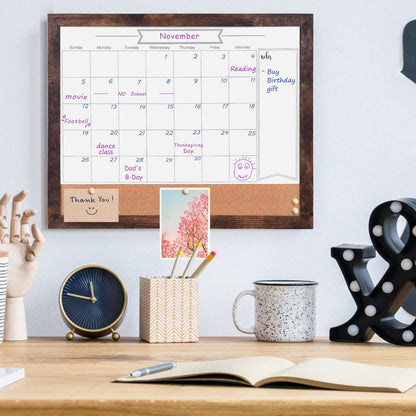 Dry Erase Calendar Whiteboard for Wall, Small Combination Magnetic Dry Erase White Board & Bulletin Board, 13" x 17" Walnut Brown Frame Calendar/Cork Combo Board(WB-3343)
