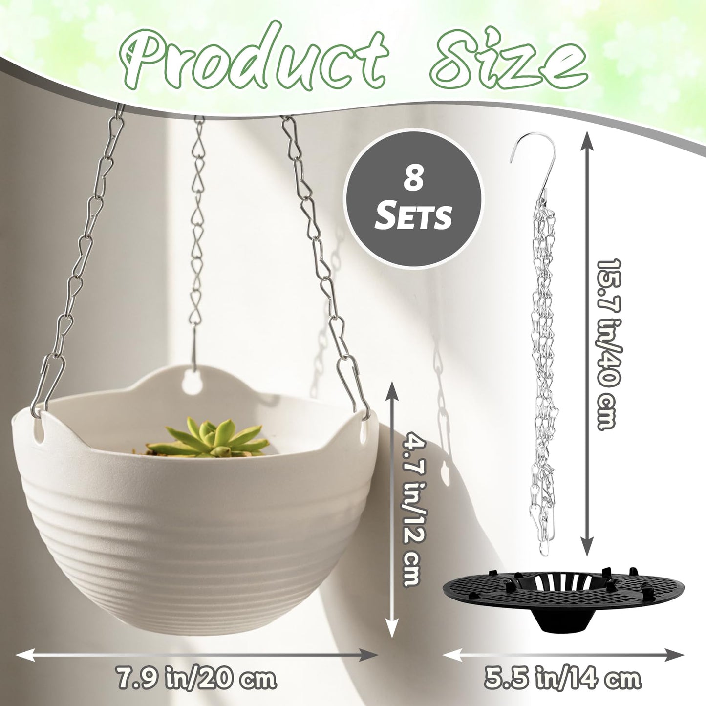 Bvrbaory 8 Pack Hanging Planter Pots,Self-Watering Flower Pot with Water Tray & Metal Chain,White Plastic Hanging Plant Pots for Indoor Outdoor Garden Decor,8 Inch