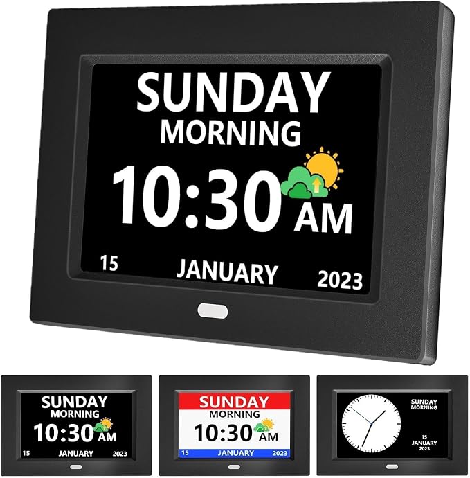 MRCHYDZ 7 Inch Clock with Day and Date for Elderly Large Display Digital Clocks 12 Alarms 3 Display Modes Large Font Alzheimer's Clock Alarm Clocks for Seniors Auto DST Black