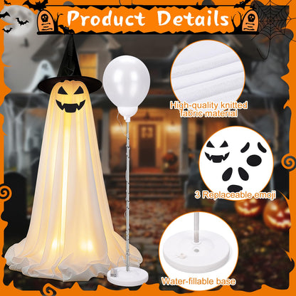 Bensbl 2Pcs Outdoor Ghost Decorations Light Up Standing Ghosts with String Lights 3 Expressions and 2 Witch Hats for Front Porch Yard Lawn Haunted House Decor