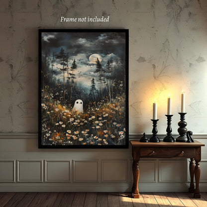 KBBYT Dark Academia Wall Art Ghost In Magical Forest Poster Spooky Halloween Wall Decor Ethereal Ghost Fall Floral Gothic Canvas Print for Witchcore Aesthetic Haunted Room Bedroom 16X24inch Unframed