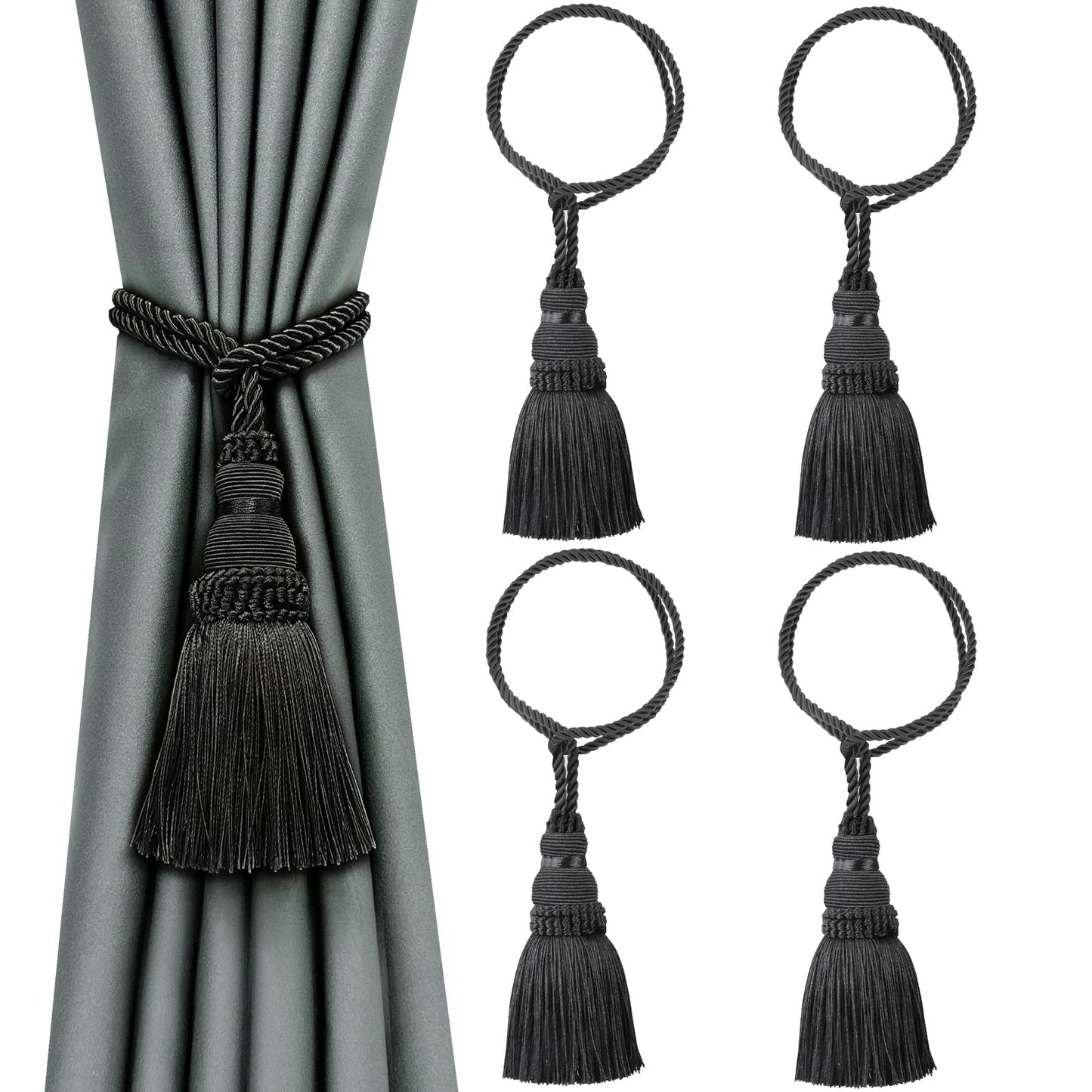 Fenghuangwu 4 Pack Curtain Tie Backs Rope Tassels for Curtains Drape tiebacks Handmade Outdoor Home and Outdoor Decorative (Black, 4p)