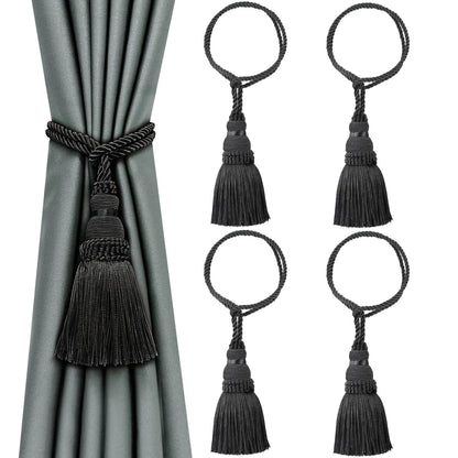 Fenghuangwu 4 Pack Curtain Tie Backs Rope Tassels for Curtains Drape tiebacks Handmade Outdoor Home and Outdoor Decorative (Black, 4p)