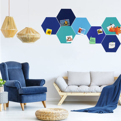 SEG Direct Hexagon Felt Bulletin Board, Large Felt Pin Board Self Adhesive Cork Board Tiles with Push Pins for Wall Office Home Decor, 11.8 x 10.2 in, 5PCS(Blue Series)