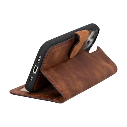 HARDISTON Genuine Leather Handmade Wallet Case Compatible with iPhone 15 - MagSafe Compatible - Detachable Strong Magnetic Flip Cover with Card Holders - Horizontal Kickstand (Brown)