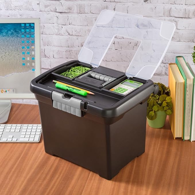 Sterilite 4-Pack Portable File Box, Stackable Container for Letter Hanging Folders, Black - Paper Document Plastic Storage Organizer with Latching Lid for Home, Office, and Dorm Organization