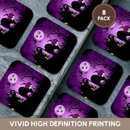 3dRose cst_173233_2 Black Cat in a Witches Hat a Laughing Moon Purple and Black Halloween-Soft Coasters, Set of 8