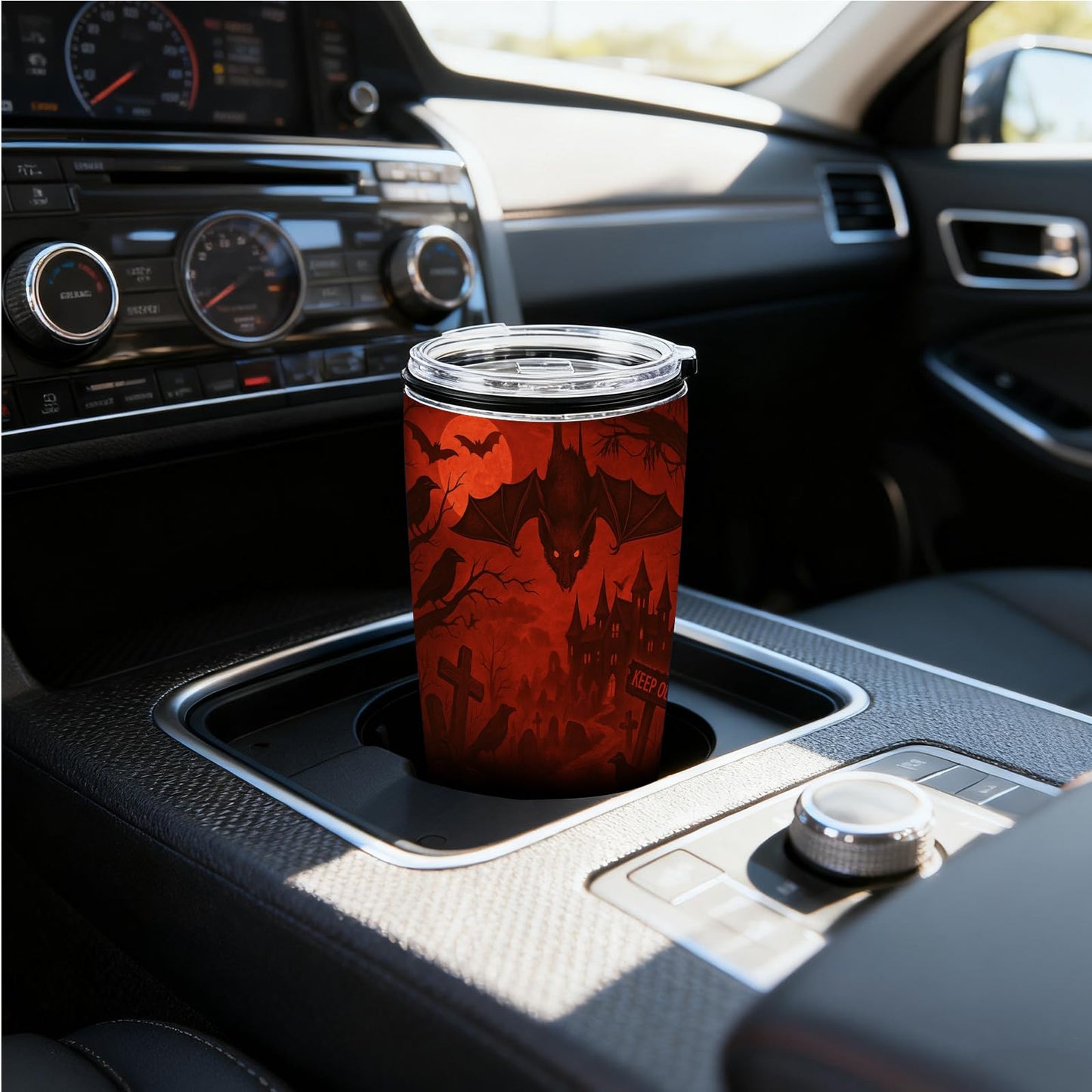 TWILFLNEX Halloween 20 Oz Tumbler With Straw Lid, Stainless Steel Insulated Travel Mug, Spooky Bats Haunted House Gothic Art, Pumpkin Skull, Car Cup Holder Friendly