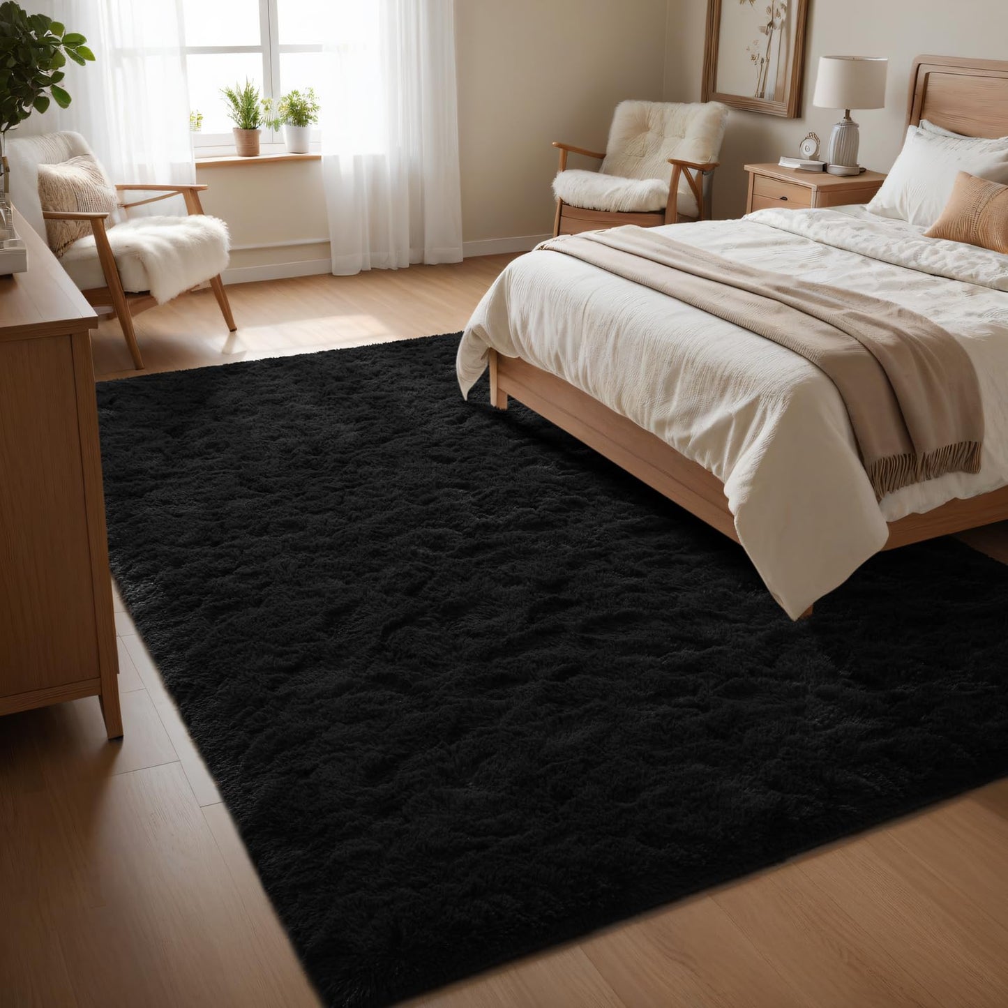 Macgace Fluffy Area Rugs for Bedroom Decor Aesthetic, 5x7 Black Shag Rug with Non-Slip Dots for Living Room, Furry Plush Mat Washable Fuzzy Carpet Modern Home Decor for Kids Nursery Gothic Room
