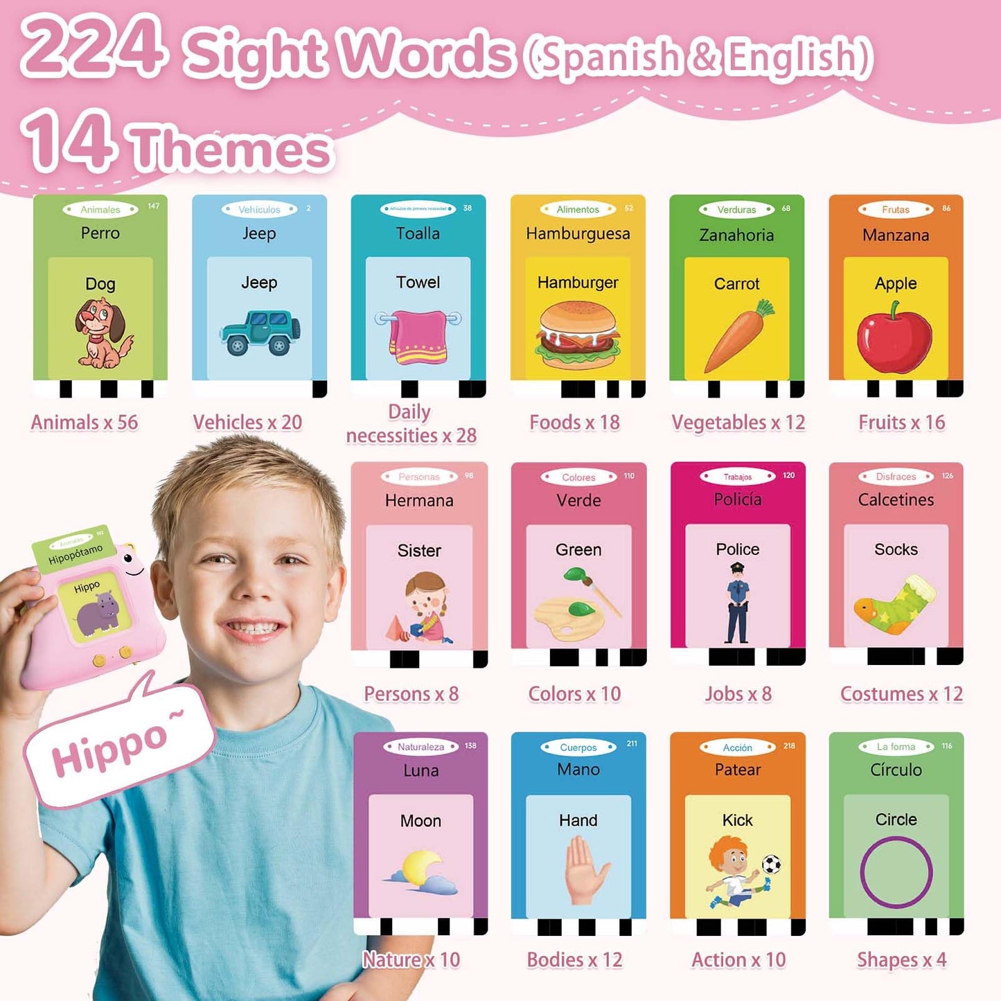 Alotwan Girls Toys Spanish Talking Flash Cards - Toddler Montessori Toys for Age 2-4, Bilingual Español Speech Therapy, 224 Words Preschool Learning Activity, Gifts for Little Girls 2 3 4 5 Years Old