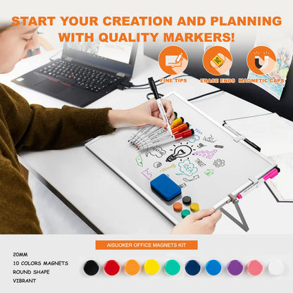 Dry Erase White Board, Aisuoker 16 x 12inch Magnetic Desktop Whiteboard with Stand,10 Markers, 10 Magnets and 1 Eraser, Portable Double-Sided White Board for Kid Drawing Memo to Do and List Wall-White