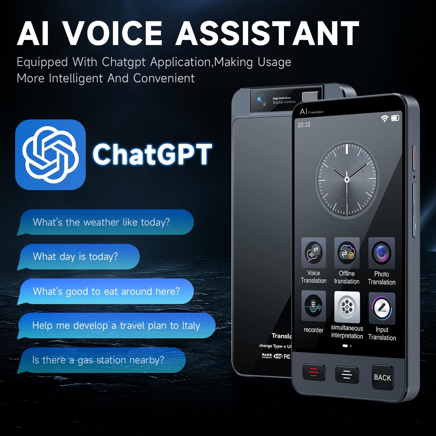 Offline Language AI Translator Device, 142 Languages Two Way Real-Time Voice Translation, ChatGPT Instant Translator, Recording&Photo AI Translation for Business Learning Travel (Black)