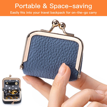 Small Travel Jewelry Box, Genuine Leather Mini Kiss-Lock Coin Purse Organizer, Portable Jewelry Storage for Women (Pink, S)