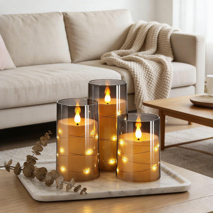 NURADA Flickering Flameless Candles: Built-in Star String Lights 3D Wick Acrylic Battery Operated LED Pillar Candles with Remote and Timer for Fall Halloween Christmas Home Decoration - 3 Pack Gray