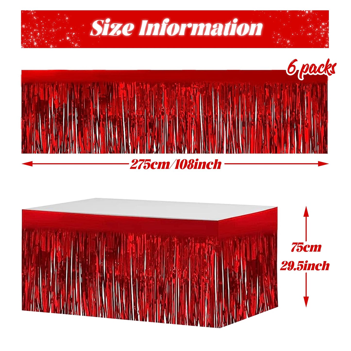 6 PCS Red Metallic Foil Fringe Tinsel Table Skirts 9 Feet x29.5 Inch for Rectangle Tables, Tinsel Backdrop Curtains,Party Supplies,Wedding, Birthday, Parade Floats, Christmas Decorations